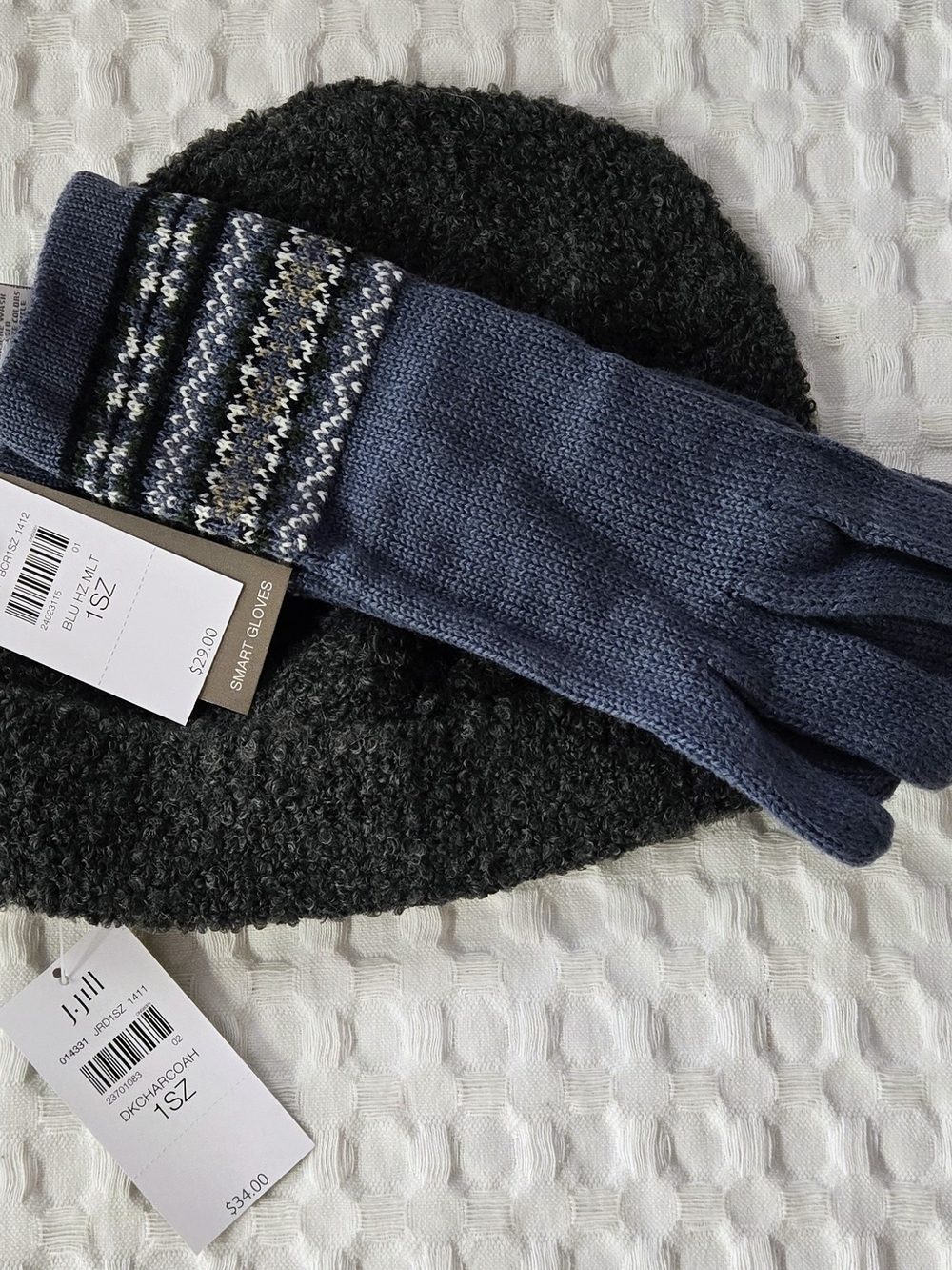 J. Jill Women's Blue/Gray Knit Smart Gloves And Wool Blend Hat